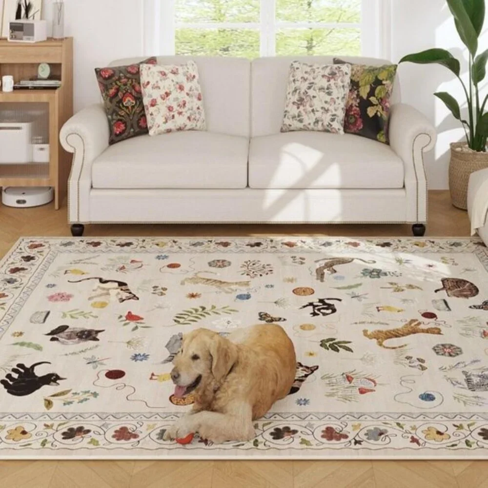 New 5x7 Living Room Rug – Washable Boho Floral Cat Area Rug, Non-Slip